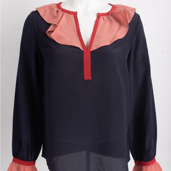 Boden Constance Silk Blouse Top Ruffled - Navy Blue and Pink and Red - Picture 3 of 5